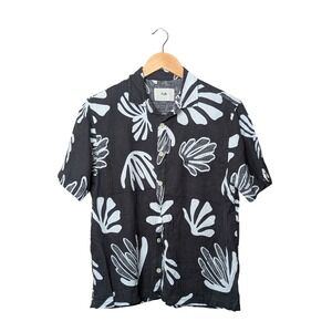 Folk Button Down Shirt Mens S Black White Abstract‎ Shell Print Linen Blend 2199